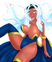Rule 34 | 10s, 1girl, animification, black thighhighs, blush, boots, breasts, cameltoe, cape, cleavage, crying, dark-skinned female, dark skin, huge breasts, large breasts, legs, leotard, long hair, long legs, looking at viewer, marvel, open mouth, sitting, solo, spread legs, storm (x-men), tears, thick thighs, thigh boots, thighhighs, thighs, tiara, white hair, x-men, yukimimi