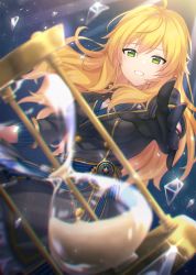 Rule 34 | 1girl, ahoge, ayumi (as0206), backlighting, black dress, black gloves, blonde hair, blue ribbon, blurry, blurry foreground, breasts, clenched teeth, commentary request, depth of field, dress, gloves, green eyes, highres, hoshii miki, hourglass, idolmaster, idolmaster (classic), idolmaster million live!, light rays, long hair, long sleeves, medium breasts, open mouth, outstretched arm, ribbon, sand, sash, shatter, solo, star (symbol), teeth