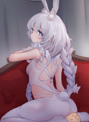 Rule 34 | 1girl, 1other, animal ear fluff, animal ears, ass, azur lane, blue eyes, blush, braid, breast curtains, breasts, couch, feet, from behind, highres, le malin (azur lane), le malin (listless lapin) (azur lane), legs, leotard, long hair, looking back, manjuu (azur lane), no shoes, official alternate costume, pantyhose, playboy bunny, rabbit, rabbit ears, rabbit girl, rabbit tail, sideboob, sitting, small breasts, tail, thigh strap, thighs, twin braids, twintails, very long hair, white hair, white leotard, white pantyhose, yuuki shuri