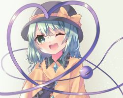 Rule 34 | 1girl, ;d, bare shoulders, black hat, bloom, blush, bow, gradient background, green eyes, green hair, grey background, happy, hat, hat bow, hayu (hayu e), heart, heart of string, highres, komeiji koishi, looking at viewer, one eye closed, open mouth, shirt, simple background, smile, solo, third eye, touhou, upper body, yellow bow