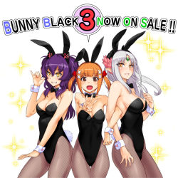 Rule 34 | 3girls, :d, \m/, animal ears, bare shoulders, benimura karu, bow, breasts, brown eyes, brown hair, bunny black, bunny black 3, cleavage, contrapposto, copyright name, detached collar, facial mark, fake animal ears, fishnet pantyhose, fishnets, forehead mark, girl sandwich, grin, hair ornament, hairband, horns, karukaru, kozelotte, large breasts, leotard, locked arms, long hair, mcdougal (bunny black), medium breasts, multiple girls, open mouth, pantyhose, parted bangs, playboy bunny, pointy ears, purple hair, rabbit ears, rabbit tail, release date, sandwiched, short hair, short twintails, silver hair, simple background, smile, sofia (bunny black), sparkle, standing, tail, twintails, w, white background, wrist cuffs, yellow eyes