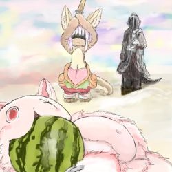 Rule 34 | 10s, artist request, blindfold, rabbit, furry, lowres, made in abyss, mitty (made in abyss), nanachi (made in abyss), white hair