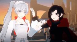 Rule 34 | 2girls, 3d, animated, animated gif, black hair, cape, long hair, lowres, multiple girls, ruby rose, rwby, short hair, smile, weiss schnee, white hair