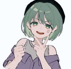 Rule 34 | 1girl, anger vein, black headwear, clenched hand, false smile, green eyes, green hair, idolmaster, idolmaster shiny colors, looking at viewer, morino yu2, nanakusa nichika, short hair, simple background, smile, solo, trembling, upper body, v-shaped eyebrows, w, white background