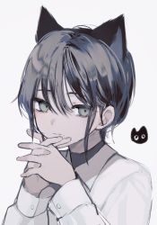Rule 34 | 1girl, animal ears, cat ears, closed mouth, collared jacket, fingernails, green eyes, grey hair, grey shirt, highres, interlocked fingers, jacket, long sleeves, looking at viewer, migihidari (puwako), mole, mole under mouth, original, own hands together, shirt, short hair, simple background, solo, upper body, white background, white jacket, wing collar