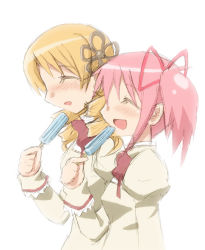 Rule 34 | 10s, 2girls, :d, ^ ^, blonde hair, blush, closed eyes, drill hair, food, hair ornament, kaname madoka, mahou shoujo madoka magica, mahou shoujo madoka magica (anime), multiple girls, open mouth, pink hair, popsicle, puffy sleeves, school uniform, sketch, smile, tomoe mami, twin drills, twintails, yoshiwo (kanikama)