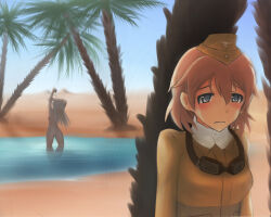 Rule 34 | 2girls, bad id, bad pixiv id, bathing, blonde hair, blue eyes, blue sky, blush, closed mouth, completely nude, day, desert, goggles, hanna-justina marseille, hat, long hair, medium hair, multiple girls, nude, oasis, outdoors, palm tree, raisa pottgen, sky, solo focus, tree, ulrich (tagaragakuin), witches of africa, world witches series