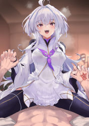 Rule 34 | 1boy, 1girl, ahoge, black gloves, black pants, blush, breasts, clothed female nude male, clothed sex, command spell, fate/grand order, fate/prototype, fate (series), fingerless gloves, girl on top, gloves, hetero, highres, holding hands, implied sex, interlocked fingers, kazami chiu, long hair, long sleeves, looking at viewer, medium breasts, merlin (fate/prototype), merlin (fate/prototype) (second ascension), nude, open mouth, pants, purple eyes, pussy juice, robe, sex, smile, straddling, thighs, vaginal, very long hair, white hair, white robe, wide sleeves