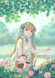 Rule 34 | 1girl, 779420, absurdres, alternate costume, alternate hair color, azur lane, bare shoulders, basket, blonde hair, blush, breasts, bush, chinese commentary, cleavage, commentary request, day, dress, flower, flower request, formidable (azur lane), hair ribbon, highres, large breasts, long hair, looking at viewer, nature, no bra, open mouth, outdoors, red eyes, ribbon, see-through, sleeveless, sleeveless dress, solo, squatting, sundress, twintails, two-tone ribbon, very long hair, white dress