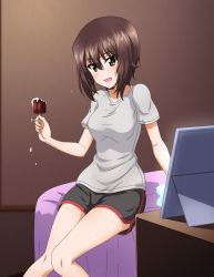 Rule 34 | 1girl, :d, alternate costume, black shorts, breasts, brown eyes, brown hair, dolphin shorts, food, girls und panzer, grey shirt, highres, holding, holding food, ice cream, indoors, key (gaigaigai123), looking at viewer, nishizumi maho, open mouth, shirt, short hair, short sleeves, shorts, sitting, smile, solo, sweat, sweatdrop, t-shirt