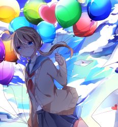 Rule 34 | 1girl, balloon, blue eyes, brown hair, highres, holding, letter, long hair, looking at viewer, love letter, low twintails, original, parted lips, pleated skirt, school uniform, serafuku, shade, skirt, sky, solo, twintails, wind, yuruno