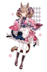Rule 34 | 1girl, absurdres, alternate costume, animal ears, apron, boots, brown eyes, brown footwear, brown hair, commentary request, enmaided, frilled apron, frilled kimono, frills, full body, highres, horse ears, horse girl, horse tail, japanese clothes, kimono, long sleeves, maid, maid apron, maid headdress, medium hair, migolu, one eye closed, open mouth, pantyhose, pink kimono, pointing, pointing at self, smart falcon (umamusume), smile, solo, tail, transparent background, twintails, umamusume, unconventional maid, white pantyhose