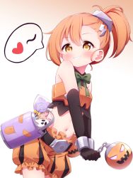 Rule 34 | 1girl, bare shoulders, black gloves, blush, bow, brown background, brown eyes, brown hair, candy, chain, crop top, elbow gloves, food, gloves, gradient background, green bow, grin, hair between eyes, heart, highres, lollipop, midriff, misogi (halloween) (princess connect!), misogi (princess connect!), navel, orange shorts, princess connect!, puffy shorts, setmen, short shorts, shorts, side ponytail, smile, solo, spoken heart, swirl lollipop, white background