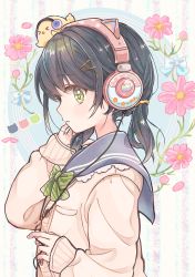 Rule 34 | 1girl, absurdres, animal, animal ear headphones, animal ears, animal on head, bird, black hair, blush, bow, bowtie, cable, cardigan, cat ear headphones, chick, fake animal ears, flower, green eyes, hacosumi, hair ornament, hair tie, hairclip, headphones, highres, holding, holding cable, long hair, long sleeves, looking at viewer, looking to the side, low twintails, on head, original, parted lips, school uniform, serafuku, sleeves past wrists, solo, striped bow, striped bowtie, striped clothes, twintails