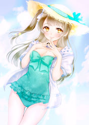 Rule 34 | 1girl, absurdres, aqua bow, aqua one-piece swimsuit, artist name, artist request, bare legs, bare shoulders, blue sky, blush, bow, bow hat, bowtie, breasts, brown eyes, brown hair, brown hat, cleavage, cloud, collarbone, day, female focus, flower, flower necklace, frills, green bow, green one-piece swimsuit, grey hair, hair bow, hair rings, hat, hat bow, highres, hood, hood down, hooded jacket, hoodie, index fingers together, jacket, jewelry, light brown hair, long hair, looking at viewer, love live!, love live! school idol festival, love live! school idol project, medium breasts, minami kotori, necklace, one-piece swimsuit, open clothes, open jacket, outdoors, own hands together, parted lips, polka dot, polka dot bow, ponytail, short sleeves, side ponytail, sky, smile, solo, star (symbol), star print, swimsuit, white jacket, yellow eyes