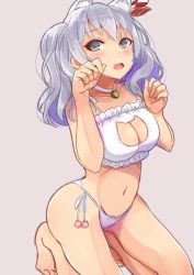 Rule 34 | 10s, 1girl, akame (akamiru), animal ears, bad id, bad pixiv id, bell, neck bell, blue eyes, blush, breasts, cat cutout, cat ears, cat lingerie, cleavage, cleavage cutout, clothing cutout, collar, collarbone, full body, jingle bell, kantai collection, kashima (kancolle), kemonomimi mode, kneeling, looking away, medium breasts, meme attire, navel, open mouth, panties, paw pose, side-tie panties, silver hair, simple background, slit pupils, solo, swimsuit, twintails, underwear, underwear only, wavy hair