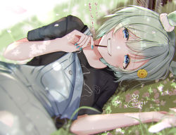 Rule 34 | 1girl, animal ears, black shirt, blue eyes, blue nails, blurry, blurry background, blush, commentary request, depth of field, flower, food, green hair, grin, hair between eyes, hair flower, hair ornament, hands up, highres, holding, holding food, horse ears, kabu usagi, looking at viewer, lying, nail polish, on grass, on side, overalls, pocky, seiun sky (umamusume), shirt, short sleeves, signature, smile, solo, umamusume, white flower, yellow flower