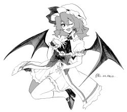 Rule 34 | 1girl, ascot, bat wings, bow, dress, fang, frilled dress, frills, full body, gem, greyscale, hand on own chest, hat, hat ribbon, high heels, highres, kamenozoki momomo, looking at viewer, medium hair, mob cap, monochrome, one eye closed, open mouth, puffy short sleeves, puffy sleeves, remilia scarlet, ribbon, short hair, short sleeves, simple background, touhou, white background, wings