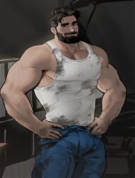 Rule 34 | 1boy, bara, beard, blue jumpsuit, cowboy shot, dirty, dirty clothes, dopey (dopq), facial hair, full beard, highres, jumpsuit, large pectorals, looking at viewer, male focus, mature male, muscular, muscular male, open jumpsuit, original, paid reward available, pectorals, short hair, solo, standing, sweat, tank top, thick beard, thick eyebrows, white tank top
