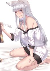 Rule 34 | 1girl, animal ears, blush, breasts, cleavage, commentary request, deras, covered erect nipples, from side, granblue fantasy, grey eyes, grey hair, hand up, kneeling, korwa, large breasts, long hair, long sleeves, naked shirt, off shoulder, parted lips, quill, shirt, simple background, sitting, smile, solo, white background