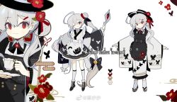Rule 34 | 1girl, ahoge, animal print, apron, bell, black apron, black bow, black bowtie, black butterfly, black footwear, black headwear, black kimono, black sash, black sleeves, blush stickers, boots, bow, bowtie, brown footwear, bug, butterfly, butterfly print, buttons, character sheet, chinese commentary, chinese text, closed mouth, collar, collared shirt, color guide, commentary request, commission, commissioner name, cross-laced footwear, cup, eyelashes, floral print, flower, footwear ribbon, frilled boots, frilled kimono, frilled sleeves, frills, full body, geta, grey socks, hair bun, hair flower, hair ornament, hairclip, hat, hat flower, high collar, high heel boots, high heels, highres, holding, holding cup, holding plate, holding staff, huasha, huge ahoge, insect, japanese clothes, jingle bell, kimono, kneehighs, lace-trimmed apron, lace-trimmed headwear, lace trim, long hair, long sleeves, multiple views, one eye closed, original, plate, red eyes, red flower, ribbon, sash, saucer, shirt, short kimono, single side bun, single sidelock, smile, socks, staff, tabi, teacup, twintails, uneven twintails, upper body, very long hair, watermark, wavy hair, wavy mouth, weibo logo, weibo username, white background, white collar, white hair, white kimono, white ribbon, white shirt, white sleeves, white socks, wide sleeves