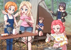 Rule 34 | 5girls, absurdres, akiyama yukari, autumn leaves, black coat, black hair, black shorts, blonde hair, blue eyes, blue overalls, blue shirt, blue shorts, bob cut, bottle, brown eyes, brown hair, camouflage, camouflage shirt, camping, casual, coat, commentary, commission, day, denim, denim shorts, drops mint, english commentary, firewood, forest, fur-trimmed coat, fur trim, girls und panzer, green eyes, grin, hair intakes, hammer, highres, holding, holding bottle, holding hammer, holding spoon, hoshino (girls und panzer), kay (girls und panzer), kettle, kneeling, leaning forward, long sleeves, looking at another, medium hair, mixed-language commentary, multiple girls, nature, off-shoulder shirt, off shoulder, open mouth, orange hair, orange pekoe (girls und panzer), outdoors, overalls, pink skirt, pink tank top, pixiv commission, red hair, rosehip (girls und panzer), shirt, short hair, short shorts, short sleeves, shorts, skirt, smile, socks, soda bottle, spoon, standing, t-shirt, table, tank top, teapot, tent, tent peg, white shirt, white shorts, white socks, yellow shirt