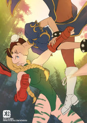 Rule 34 | 2girls, alex glimes, antenna hair, arm grab, battle, beret, blonde hair, blue eyes, bodypaint, boots, bracelet, braid, breasts, brown hair, brown legwear, bun cover, cammy white, camouflage, capcom, chignon, china dress, chinese clothes, chun-li, clenched hands, dodging, double bun, dress, earrings, closed eyes, female focus, fingerless gloves, forest, gloves, green leotard, hat, unworn hat, unworn headwear, jewelry, jumping, kiss, large breasts, leotard, long hair, multiple girls, nature, neck, pantyhose, puffy short sleeves, puffy sleeves, punching, red headwear, short hair, short sleeves, sleeveless, sleeveless leotard, sleeveless turtleneck, spiked bracelet, spikes, split, standing, street fighter, surprise kiss, surprised, tattoo, tree, turtleneck, twin braids, upside-down kiss, v-neck, watermark, web address, white footwear, yuri
