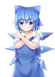 Rule 34 | 1girl, blue dress, blue eyes, blue hair, bow, cirno, commentary request, cowboy shot, crossed arms, dress, hair between eyes, hair bow, highres, looking at viewer, partial commentary, pinafore dress, puffy short sleeves, puffy sleeves, resa 7z (resastr), shirt, short sleeves, simple background, sleeveless dress, smile, solo, standing, thumbs up, touhou, white background, white shirt, wings