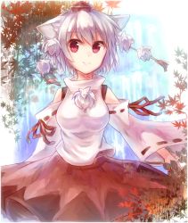 Rule 34 | 1girl, animal ears, autumn leaves, bad id, bad pixiv id, breasts, detached sleeves, happy, hat, inubashiri momiji, large breasts, leaf, looking at viewer, maple leaf, midori miyako, pom pom (clothes), red eyes, red skirt, shirt, short hair, silver hair, skirt, smile, solo, tokin hat, touhou, water, waterfall, white shirt, wolf ears