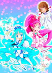 Rule 34 | 10s, 3girls, androgynous, blue eyes, blue hair, blue skirt, blush, bow, brooch, brown eyes, brown hair, chypre (heartcatch precure!), coffret (heartcatch precure!), cure blossom, cure marine, hair ornament, hanasaki tsubomi, heart, heart brooch, heartcatch precure!, highres, jewelry, kurumi erika, long hair, magical girl, multiple girls, myoudouin itsuki, pink bow, pink eyes, pink hair, ponytail, precure, short hair, skirt, star (symbol), sw (taco), thighhighs, white thighhighs