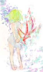 Rule 34 | 1girl, arms behind back, bare legs, bare shoulders, barefoot, bracelet, breath of fire, breath of fire v, dress, from behind, full body, green hair, jewelry, nina (breath of fire v), own hands together, red wings, short hair, simple background, solo, standing, tattoo, v arms, wings
