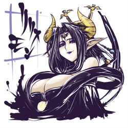 Rule 34 | 1girl, bandai, bare shoulders, bat (symbol), bat wings, black hair, breasts, bustier, cleavage, closed mouth, demon girl, detached collar, detached sleeves, digimon, eyeshadow, facial mark, female focus, forehead mark, hair bun, hair ornament, half-closed eyes, horns, large breasts, lilithmon, lipstick, long hair, long pointy ears, looking at viewer, makeup, mole, mole under eye, pointy ears, purple lips, seven great demon lords, shawl, simple background, single hair bun, solo, tattoo, upper body, wings