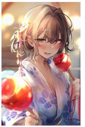 Rule 34 | 1girl, blue kimono, blurry, blurry background, blush, border, brown eyes, brown hair, candy apple, festival, floral print, flower, food, hair between eyes, hair flower, hair intakes, hair ornament, half-closed eyes, highres, holding, holding food, japanese clothes, kimono, light particles, long sleeves, looking at viewer, medium hair, nekomugiharu, obi, ootori hinako, original, revision, sash, sidelocks, smile, solo, summer festival, tongue, tongue out, upper body, white border, wide sleeves, yukata