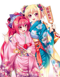 Rule 34 | 2girls, :d, absurdres, arrow (projectile), blonde hair, blush, corticarte apa lagranges, dress, ema, flower, hagoita, hair intakes, hair ornament, hairclip, hairpin, hamaya, hand on another&#039;s shoulder, hand on own hip, happy, highres, japanese clothes, kannatsuki noboru, kimono, long hair, multiple girls, new year, open mouth, orange eyes, paddle, red eyes, red hair, shinkyoku soukai polyphonica, side-by-side, smile, thighhighs, yugiri perserte