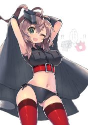 Rule 34 | 1girl, adapted costume, arms behind head, black panties, breast pocket, brown hair, commentary request, cowboy shot, enemy lifebuoy (kancolle), grey eyes, hair between eyes, highres, itsumo nokoru, kantai collection, looking at viewer, midriff, navel, one eye closed, open mouth, panties, pocket, ponytail, red thighhighs, remodel (kantai collection), rensouhou-chan, saratoga (kancolle), side-tie panties, side ponytail, sidelocks, simple background, skirt, unworn skirt, smile, smokestack, solo, tank top, thighhighs, transparent background, underwear, white background