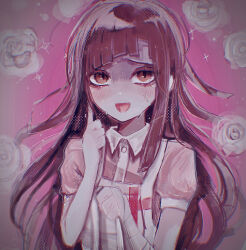 Rule 34 | 1girl, :d, apron, blush, brown hair, commentary, danganronpa (series), danganronpa 2: goodbye despair, flower, hand up, hands up, highres, long hair, looking at viewer, naruse (nal1525), open mouth, pink background, pink shirt, puffy short sleeves, puffy sleeves, red eyes, shirt, short sleeves, smile, solo, sweat, tsumiki mikan, two-tone shirt, white apron