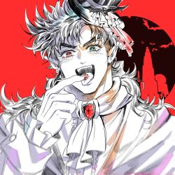 Rule 34 | alternate hair length, alternate hairstyle, ascot, fangs, gem, green eyes, halloween, halloween costume, hat, heterochromia, highres, jojo no kimyou na bouken, joseph joestar, joseph joestar (young), limited palette, long hair, looking at viewer, male focus, open mouth, red eyes, smile, solo, top hat, upper body, vampire costume, xing xiao