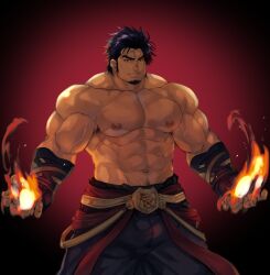 Rule 34 | 1boy, abs, absurdres, armpit hair, bara, belt, biceps, black eyes, blue hair, feet out of frame, fingerless gloves, fire, gloves, highres, large pectorals, looking at viewer, male focus, manly, mature male, muscular, muscular male, navel, navel hair, nipples, original, pectorals, pyrokinesis, red background, short hair, simple background, smirk, solo, stomach, strongman waist, terujirou (masateruteru), thick arms, thick eyebrows, topless male, veins