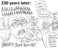 Rule 34 | 3girls, bb (baalbuddy), blunt bangs, blush, close-up, commentary, crying, crying with eyes open, elf, english commentary, glasses, greyscale, highres, hime cut, jitome, long hair, monochrome, multiple girls, original, pointy ears, ponytail, remembering, round eyewear, speech bubble, tearing up, tears, truth