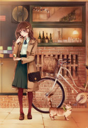 Rule 34 | +1 (yakusoku0722), 1girl, absurdres, bicycle, black neckerchief, blue eyes, bottle, brown coat, brown footwear, brown hair, cat, coat, dress shirt, fingerless gloves, full body, gloves, hair ornament, highres, holding, long hair, looking at viewer, neckerchief, original, outdoors, pantyhose, parted lips, pleated skirt, red pantyhose, road, shirt, skirt, solo, standing, street, white shirt