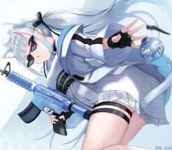 Rule 34 | 1girl, absurdres, ahoge, amatsuka uto, animal ears, artist name, assault rifle, blue eyes, cat ears, commentary, deal with it (meme), dress, explosive, fingerless gloves, gloves, grenade, grenade pin, gun, highres, holding, holding gun, holding weapon, indie virtual youtuber, jacket, meme, rifle, silver hair, skai kun, sunglasses, tagme, thigh strap, trigger discipline, twintails, virtual youtuber, weapon