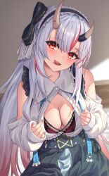 Rule 34 | 1girl, absurdres, bare shoulders, breasts, cleavage, highres, hololive, horns, long hair, looking at viewer, medium breasts, multicolored hair, nakiri ayame, oni, open mouth, smile, solo, streaked hair, una hirag, virtual youtuber, white hair