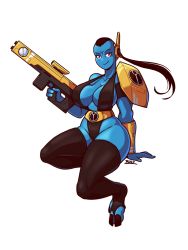 Rule 34 | alien, blazbaros, blue skin, breasts, colored skin, facial mark, fewer digits, forehead mark, gun, highres, holding, holding gun, holding weapon, large breasts, no nose, t&#039;au, thick thighs, thighhighs, thighs, warhammer 40k, weapon