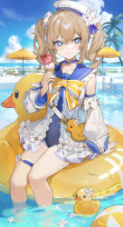 Rule 34 | 1girl, arm support, barbara (genshin impact), barbara (summertime sparkle) (genshin impact), bare legs, beach umbrella, blonde hair, blue choker, blue eyes, blue one-piece swimsuit, blue sailor collar, blue sky, bow, choker, cloud, covered navel, day, detached sleeves, drill hair, flower, food, frills, genshin impact, hand up, hat, highres, holding, holding food, ice cream cone, inflatable toy, long hair, looking at viewer, official alternate costume, one-piece swimsuit, outdoors, palm tree, pool, ringlets, rubber duck, sailor collar, sidelocks, sitting, sky, smile, soaking feet, solo, swimsuit, thigh strap, tree, twin drills, u tnmn, umbrella, water, white flower, white hat, white sleeves, yellow bow