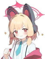 Rule 34 | 1girl, :3, animal ear headphones, animal ears, blonde hair, blue archive, blue necktie, blush, bow, cat ear headphones, clenched hand, closed mouth, collared shirt, doyagao, fake animal ears, hair bow, halo, headphones, highres, looking at viewer, low-tied sidelocks, momoi (blue archive), necktie, off shoulder, p-gnesium, pink bow, pink halo, second-party source, shirt, short hair, smile, smug, solo, sparkle, upper body, v-shaped eyebrows, white background, white shirt