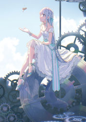 Rule 34 | 1girl, anklet, bare shoulders, blue ribbon, blue sky, braid, breasts, cleavage, closed mouth, collarbone, cover image, day, dengeki bunko, dress, floating, floating object, full body, gears, gloves, hair ribbon, high heels, highres, jewelry, kanon byakudan, long dress, long hair, looking at another, novel illustration, off-shoulder dress, off shoulder, official art, outdoors, purple eyes, rebellio machina, reia, ribbon, see-through, sidelocks, silver hair, sitting, sky, small breasts, solo, straight hair, textless version, very long hair, white dress, white footwear, white gloves
