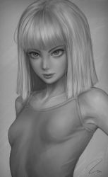 Rule 34 | 1girl, bad id, bad pixiv id, breasts, closed mouth, greyscale, lips, maddie ziegler, monochrome, nose, real life, short hair, skin tight, small breasts, solo, straight hair, umigraphics, upper body