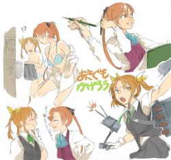 Rule 34 | !?, 10s, 2girls, ahoge, akigumo (kancolle), anger vein, blush, bra, brown eyes, brown hair, closed eyes, comic, green ribbon, grin, hair ribbon, holding, holding pencil, kagerou (kancolle), kantai collection, kuwabara (medetaya), long hair, long sleeves, looking at another, looking to the side, machinery, mole, mole under eye, multiple girls, multiple views, neck ribbon, open mouth, panties, pencil, pleated skirt, ponytail, ribbon, school uniform, short ponytail, short sleeves, simple background, sketchbook, skirt, smile, striped clothes, striped panties, translation request, twintails, underwear, undressing, vest, white background, yellow ribbon