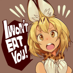 Rule 34 | 10s, 1girl, animal ears, blonde hair, bow, bowtie, cat ears, elbow gloves, english text, gloves, kemono friends, monster girl, open mouth, serval (kemono friends), serval print, short hair, simple background, solo, speech bubble, suo (sndrta2n), yellow eyes