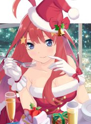 Rule 34 | 1girl, absurdres, ahoge, blue eyes, bow, box, breasts, christmas, cleavage, closed mouth, collarbone, dress, fork, fur-trimmed dress, fur-trimmed headwear, fur trim, gift, gift box, gloves, go-toubun no hanayome, hair ornament, hat, hat bow, highres, holding, holding fork, kouta(34765766), long hair, medium breasts, nakano itsuki, red bow, red dress, red hair, red hat, santa costume, santa hat, smile, solo, sparkle, star (symbol), star hair ornament, strapless, strapless dress, very long hair, white gloves